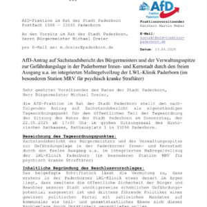 Mehr über den Artikel erfahren Antrag: Gefährdungslage in Paderborn durch Freigang in Maßregelvollzug der LWL-Klinik?