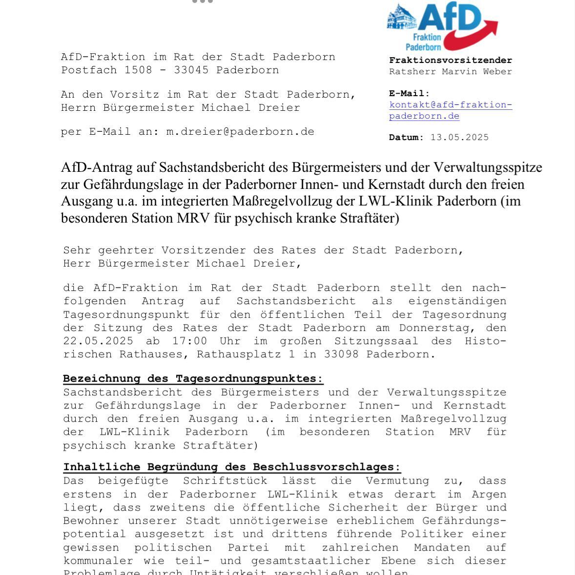 Du betrachtest gerade Antrag: Gefährdungslage in Paderborn durch Freigang in Maßregelvollzug der LWL-Klinik?